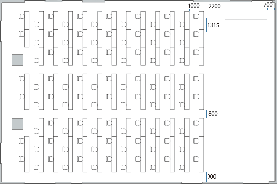通常スクール形式:最大354名→1m間隔102名のレイアウト