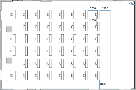 通常スクール形式:最大354名→2m間隔46名のレイアウト
