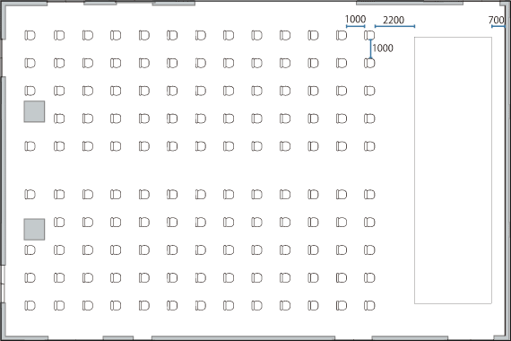 通常シアター形式:最大448名→1m間隔141名のレイアウト