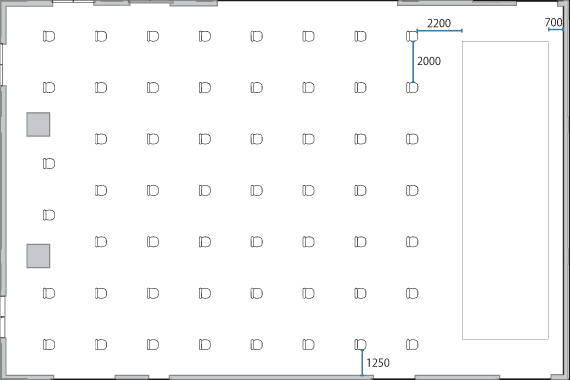 通常シアター形式:最大448名→2m間隔55名のレイアウト