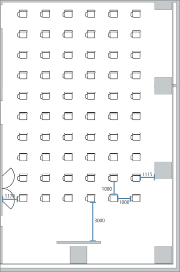 通常シアター形式:最大144名→1m間隔60名のレイアウト