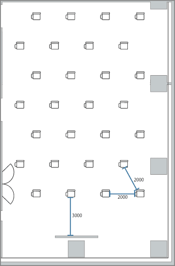 通常シアター形式:最大144名→2m間隔28名のレイアウト