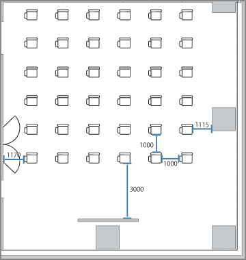 通常シアター形式:最大96名→1m間隔36名のレイアウト