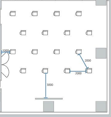 通常シアター形式:最大96名→2m間隔16名のレイアウト