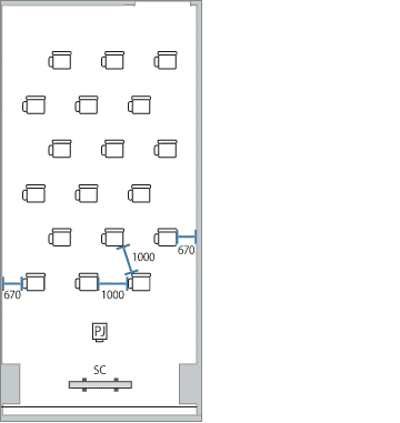 通常シアター形式:最大48名→1m間隔18名のレイアウト