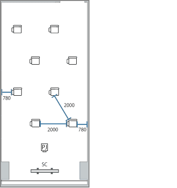通常シアター形式:最大48名→2m間隔8名のレイアウト